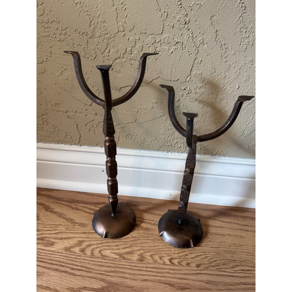 Vintage Wrought Iron Candle Holders Pair Hand Forged Scroll Leaf 13-14"